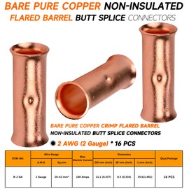 SVAAR 16 PCS 2 Gauge Flared Barrel Butt Splice Connectors Kit 2 AWG Non-Insulated Butt Connectors, Bare Pure Copper Flared Compression Uninsulated Butt Splices, Seamless Barrel Crimp Butt Terminals