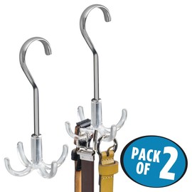 mDesign Set of 2 Closet Organisers with Four Hooks - Practical Tie Holder and Wardrobe Belt Holder - Silver/Clear