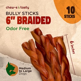 chew-e&tasty Premium Grade 6" Braided Bully Sticks Dog Treats Single Ingredient & Longer Lasting High Protein 100% All Natural Free-Range Odor Free Grass-Fed Dental Beef Dog Chews