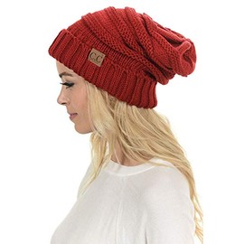 C.C Hat-100 Oversized Baggy Slouch Thick Warm Cap Hat Skully Cable Knit Beanie Red