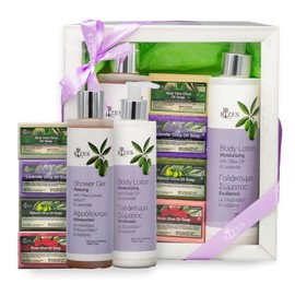 Rizes Crete Beauty Gift Set Crete: Body Lotion & Shower Gel with Aloe Vera & Olive Oil + Towel & Sponge - Natural Care for Skin and Senses