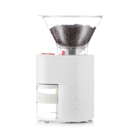 Bodum Bistro Electric Conical Burr Coffee Grinder, Preset Timer, 12 Grind Settings, White