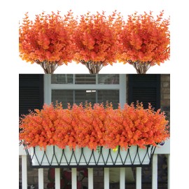 Coferset 8 Bundles Fall Eucalyptus Faux Plants for Outdoor, Artificial Eucalyptus Stems, UV Resistant Faux Fake Leaves for Porch, Garden, Patio, Window Box,Thanksgiving & Harvest Decorations(Orange)