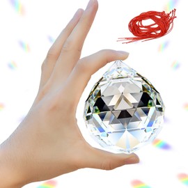 Adwikoso 1 x 80 mm Crystal Ball Prism Pendant Glass Chandelier Hanging Pendant Feng Shui Sun Catcher Wedding Window Decoration with 1 x Red Rope (80 mm, 1)