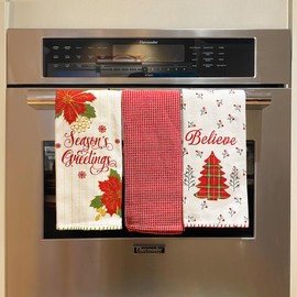 Holiday Christmas Kitchen Bath Dish Hand Towels: Believe Seasons Greetings Herringbone with Stitched Hem and Waffle Red 3 Pc Design, Red White, 100% Cotton 15" x 25" for Hands, Dishes or Home Decor