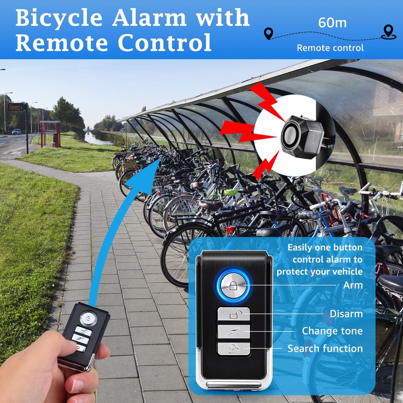 NineLeaf Bike Alarm USB Rechargeable with Mount, Bike Alarm with