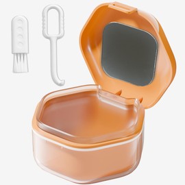 Denture Case, Retainer Cleaner Case with Cleaning Brush, Retainer Cleaning Denture Bath with Mirror Use in Denture Bridges, Partial Dentures, Traditional Braces for Travel
