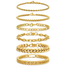 GUJOXILA 6pcs Gold Bracelet for Men Cuban Chain Mens Bracelets Stainless Steel Gold Mens Bracelet Set 7.5"