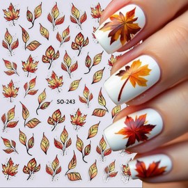 2 Sheets Fall Series Nail Stickers Maple Leaves Nail Art Stickers Autumn Iridescent Nail Decals with Orange Maple Leaves Designs Holographic DIY Self-Adhesive Nail Art Supplies