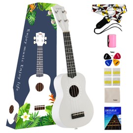 VANPHY Soprano ukulele for beginner kids with Gig Bag 21 Inch uke for Starter Hawaiian Soprano Ukalalee Polishing adults Basswood 21 Inch uke bundle with Strap Picks Songbook Cleaning Cloth (White)