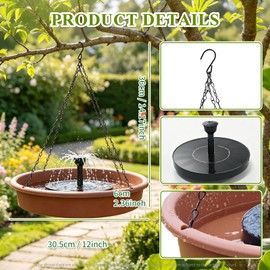 12 Inch Hanging Solar Bird Bath Fountain, Brown Outdoor Garden Bird Basin