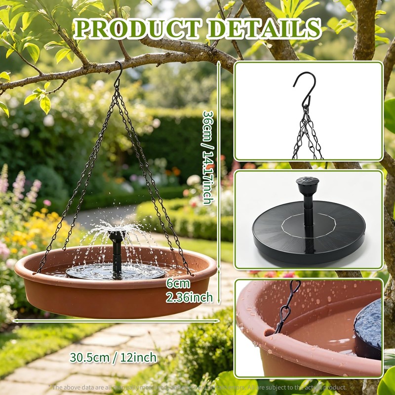 12 Inch Hanging Solar Bird Bath Fountain, Brown Outdoor Garden