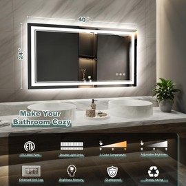 LED Bathroom Mirror with Lights: 40"x24" Wall Mounted Large Lighted Mirrors Fogless, Anti-Fog,Dimmable,Memory Function, Shatterproof Tempered Glass, Espejos para Baños, ETL Listed