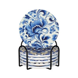 Coasters Set of 6, Coasters for Drinks Absorbent Stone with Holder, Blue and White Flower Ceramic Drink Coaster for Tabletop Protection, Coffee Table Decor Ideal for Home Decor House Warming Gifts