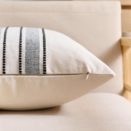 Boho Throw Pillow Covers 20x20 Set of 2, Textured Linen Decorative Cushion Covers, Neutral Black Striped Pillowcases for Couch, Sofa, Bed Farmhouse & Modern Living Room Decor