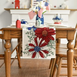Artoid Mode Eucalyptus Daisy Sunflower 4th of July Table Runner, Patriotic Memorial Day Kitchen Dining Table Decoration for Home Party Decor 13x90 Inch