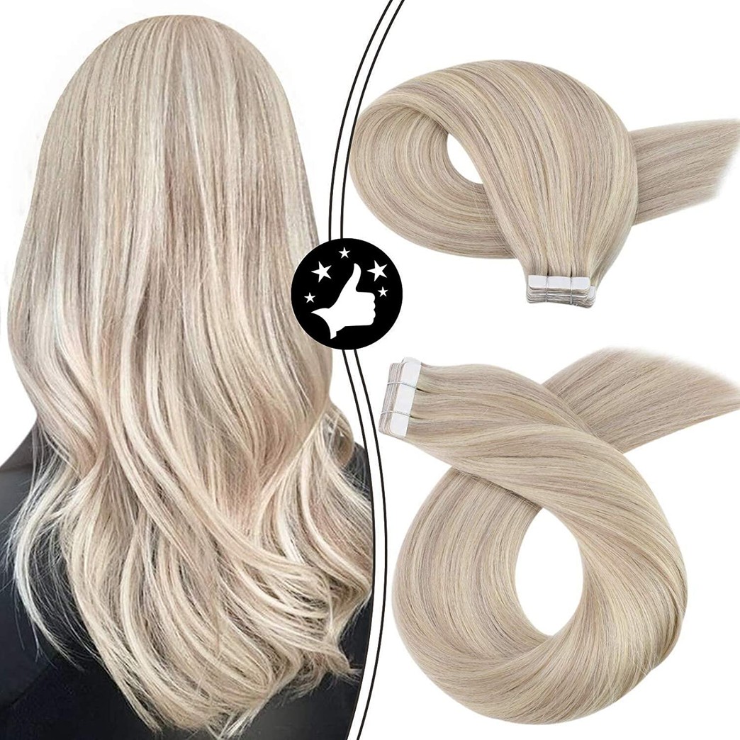 Moresoo Hair Extensions 14inch Tape in Remy Human Hair Extensions 20pcs 40g Tape in Hair Extensions Human Hair Color #18 Ash Blonde Mixed with #613 Blonde Human Hair Extensions Tape in Hair