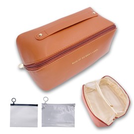 Meruya Travel Makeup Bag(Brown), Multi-Pocket Cosmetic Organizer with Wide Opening & Divider, PU Leather Toiletry Bag with 2 Mini Storage Bags