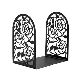 Elegant Rose Bookends Hollow-Out Rose Flower Book Ends Shelves Organizer Metal Book Stands Journal Book Holder Reading Room Decorative Bookends Library Book Stoppers for Office Home School (Black)