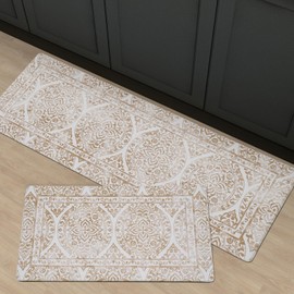 FRESHMINT 2 Piece Set Boho Kitchen Mats for Floor Bohemian Distressed Anti Fatigue Kitchen Rugs Vintage Farmhouse Cushioned Kitchen Runners for Standing Waterproof & Non-Skid Comfort, Khaki Tan
