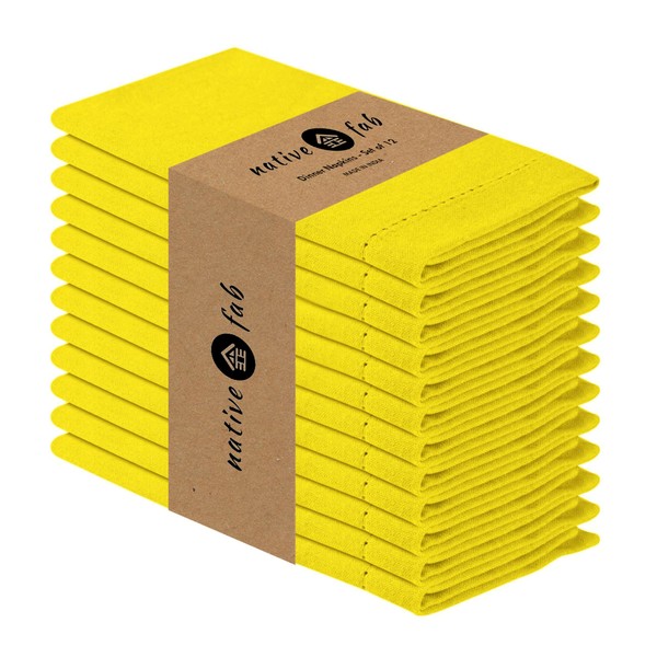 Native Fab Yellow Cloth Napkins, 100% Cotton, Set of 12,