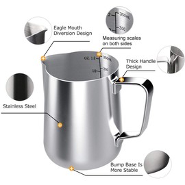 Voarge Milk Jug, Milk Pitcher 350 ml / 12 fl.oz. Stainless Steel Milk Jug, Milk Frothing Jug for Cappuccino and Latte Art, Silver