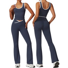 OLCHEE Womens Workout Sets 2 Piece Gym Yoga Outfits Crossover Flare Leggings Crop Tank Top with Contrast Trim - Navy Medium