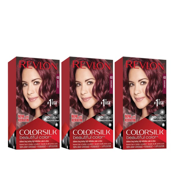 Revlon Colorsilk Beautiful Color Permanent Hair Color with 3D Gel Technology & Keratin, 100% Gray Coverage Hair Dye, 48 Burgundy, 4.4 oz (Pack of 3)