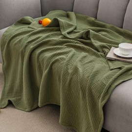 PHF 100% Cotton Muslin Throw Blanket 50" x 60", 4-Layer Lightweight and Breathable Blanket for Summer, Luxuriously Soft Gauze Throws for Couch, Natural Minimalism Style, Ideal Gift, Olive Green