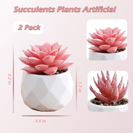 LB 2 Pack Succulents Plants Artificial in White Ceramic Pots - Small Fake Potted Plants for Shelf, Bathroom, Bedroom and Office Desk Decor - Ideal Pink Faux Succulents Decor Gift for Girls Women