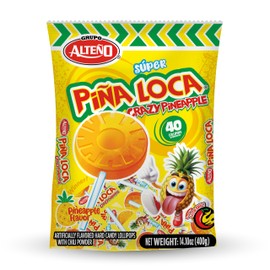 Alteño (Alteno) Super Piña Loca Pineapple Chili Lollipops, Mexican Style Spicy Hard Candy, Individually Wrapped, 40 Count