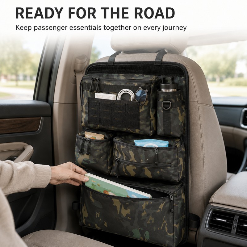 Black Polyester Car Seat Back Organizer with Multi-Pocket Hanging Storage