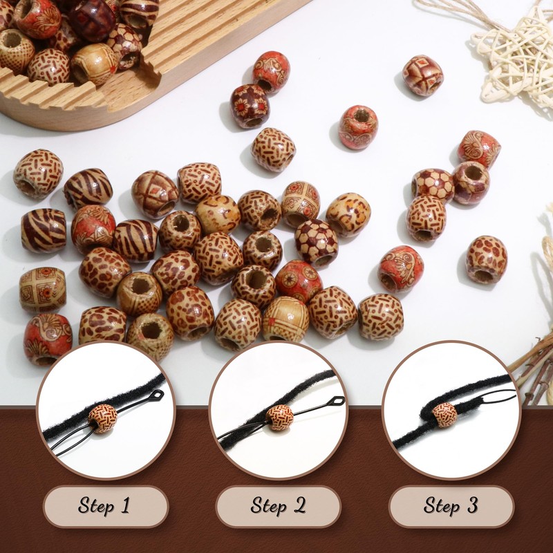 VENOFEN 60PCS Painted Wood Hair Beads Large Hole Natural Wooden