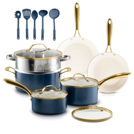 Gotham Steel 15 Pc Ceramic Cookware Set Nonstick, Ceramic Pots and Pans Set Non Stick with Steamer & Cooking Utensils, Non Toxic PFOA PFOS Free, Premium Stay Cool Handles, Oven & Dishwasher Safe