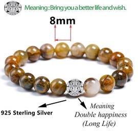 MetJakt Natural 8mm Gemstones Healing Crystal Stretch Beaded Bracelet Bangle with 925 Sterling Silver Double Happiness Pendant (Yellow Pietersite)