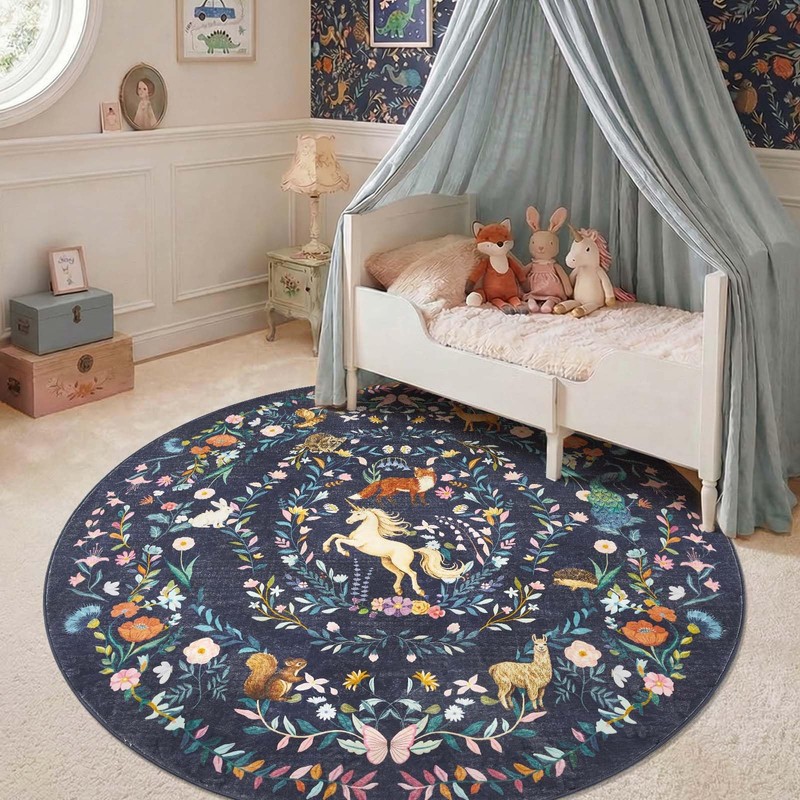 6ft Round Rug Washable Kids Rug Whimsical Playroom, Navy Blue