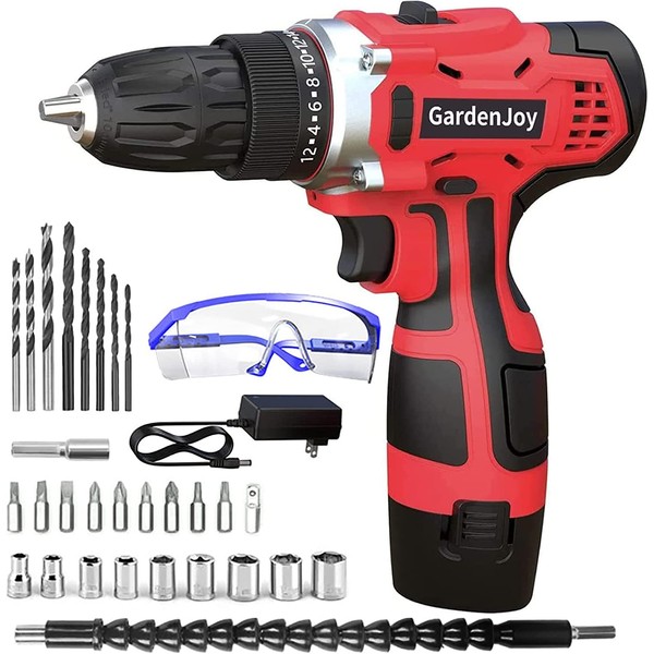 GardenJoy Cordless Power Drill Set: 12V Electric Drill with Fast Charger 3/8-Inch Keyless Chuck 2 Variable Speed 24+1 Torque Setting Power Tools Kit and 30pcs Drill/Driver Bits