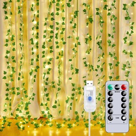 NICLY 3Mx3M Cortina de Luz LED USB con Hiedra Artificial, Cortina de Hojas Artificiales con 300 Luces Led, Guirnalda de Luces Impermeable 8 Modos con Control Remoto Decoración para Navidad Boda Jardín
