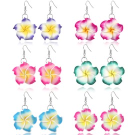 PHOGARY 6 Pairs of Colourful Flower Earrings, Plumeria Earrings Set, Gifts for Women, Hawaii Jewellery, Clay Earrings, BFF Gifts, Luau, Hawaiian, Holiday, Beach, Wedding Earrings, Hanging Hibiscus
