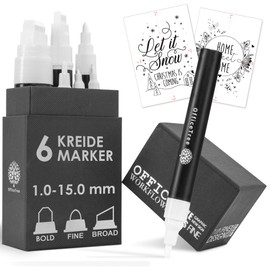 OfficeTree 6 x Chalk Markers White - 1 mm to 15 mm Interchangeable Tips - Chalk Pens for Blackboard Washable White - Chalk Marker Window - White Chalk Pens for Windows Including Templates