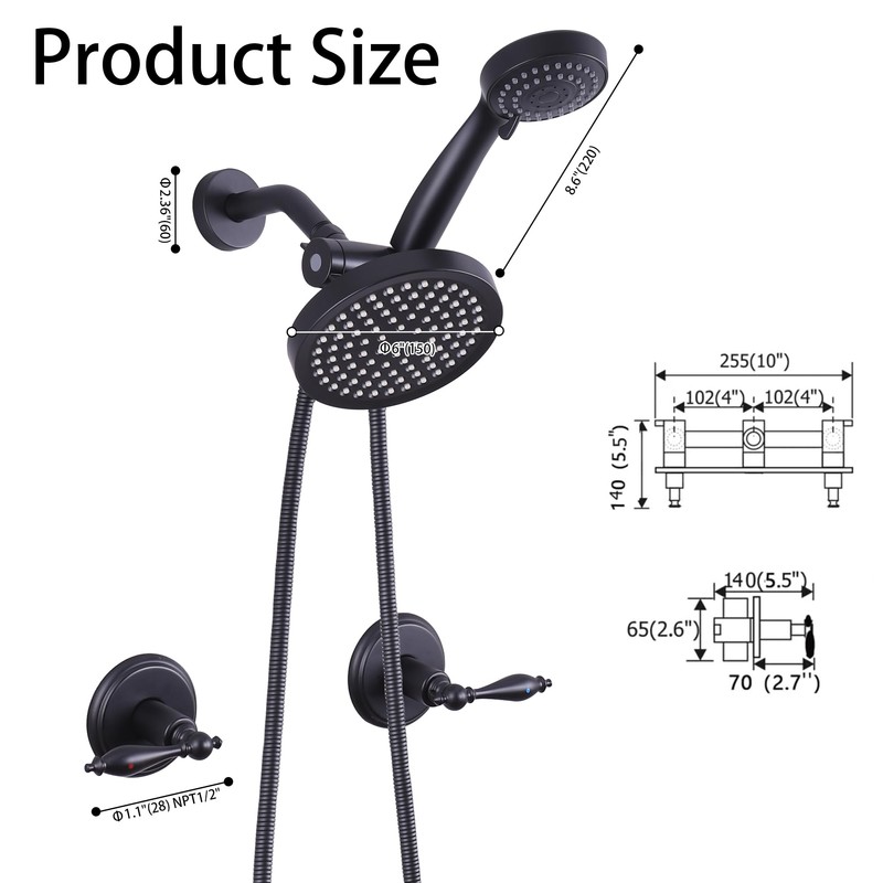LIWEIKE Matte Black 2 Handle Shower Faucet, Two Handles Shower