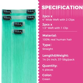 Lashey Green Hair Extensions Real Human Hair 58g 4pcs Straight Seamless Clip in Hair Extensions Human Hair for Black Girls 24 Inch Highlight Colored Clip ins