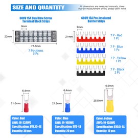 Glarks 70Pcs(5Sets) Terminal Block Set, 5Pcs 7 Positions 600V 15A Dual Row Screw Terminals Strip + 5Pcs Pre-Insulated Barrier Strips + 60Pcs Insulated Fork Wire Connector (7P+Fork Connector)