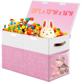 Large Toy Box, Collapsible Storage Bins with Lids, Toy Storage Organizer Toddler Bin Boxes for Kids Boys Girls, 25"x13"x16"Toy Chest Baskets for Nursery Living Room Playroom Bedroom, Pink & White