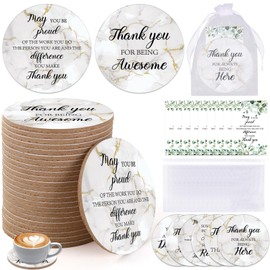 JarThenaAMCS 24Pcs Thank You Appreciation Coaster Set Marble Style Absorbent Drink Coaster Wood Cup Mat with Organza Bag Gift Tag for Party Colleague Employee Favor Supplies