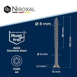 Torx Stainless Steel Screws 8 x 100 Stainless Steel V2A Rustproof Chipboard Screws for Wood Partial Thread 8 mm Thick 100 mm Long Pack of 4 Wood Screws Wood A2
