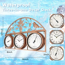 Tulivios 26Inch Large Outdoor Clock,Waterproof Wall Clock with Thermometer and Hygrometer Combo,Weatherproof Non-Ticking Battery Operated Decor Clock for Patio,Garden,Pool,Porch,House Warming Gifts