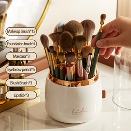 Veki 360 Degree Rotating Cosmetic Make Up Organiser, Storage Container with 6 Compartments for Cosmetic Brush Holder with Clear Acrylic Lid, Suitable for Washrooms, Bathrooms, Dressing Tables (White)