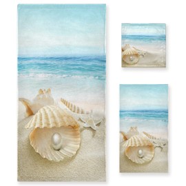 ALAZA Towel Bathroom Sets, Summer Beach Shell with Pearl Print Towels 3-Piece 1 Bath Towel 1 Washcloth 1 Hand Towel, Bath Towel Set of 3 Soft Multifuntion for Home Kitchen Hotel Gym Swim Spa