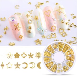 6 Boxes Nail Art Studs - 3D Decorations Alloy Gems Hollow Out Star Moon Mix Styles Rivet Decals for Gel Nails DIY Decor (Gold)